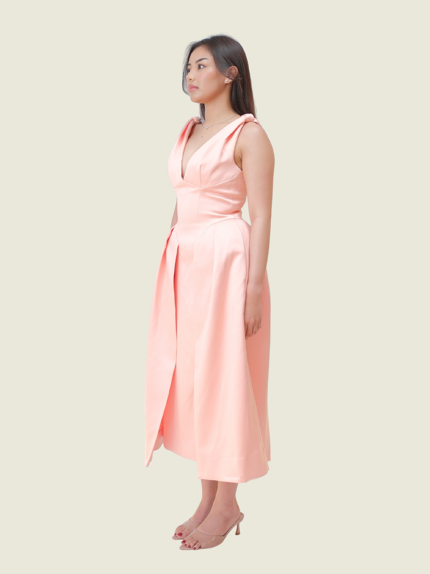 House of CB Paloma Peach Pink Satin Pleated Midi Dress (S)