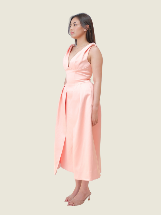 House of CB Paloma Peach Pink Satin Pleated Midi Dress (S)