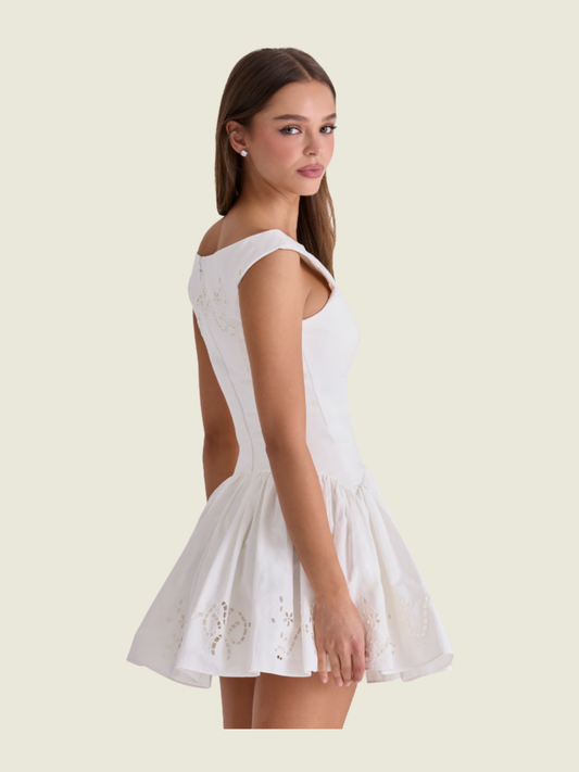House of CB White Cotton Broderie Anglaise Boat Neck Mini Dress