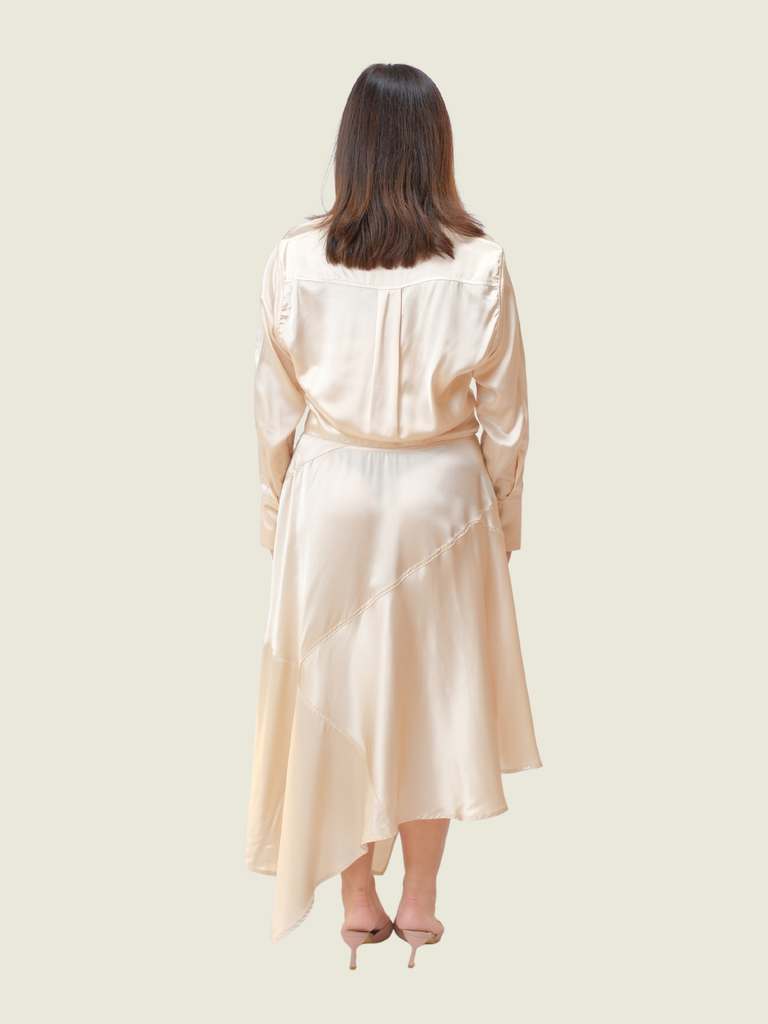 JW Anderson Boat Neck Satin Dress in Beige