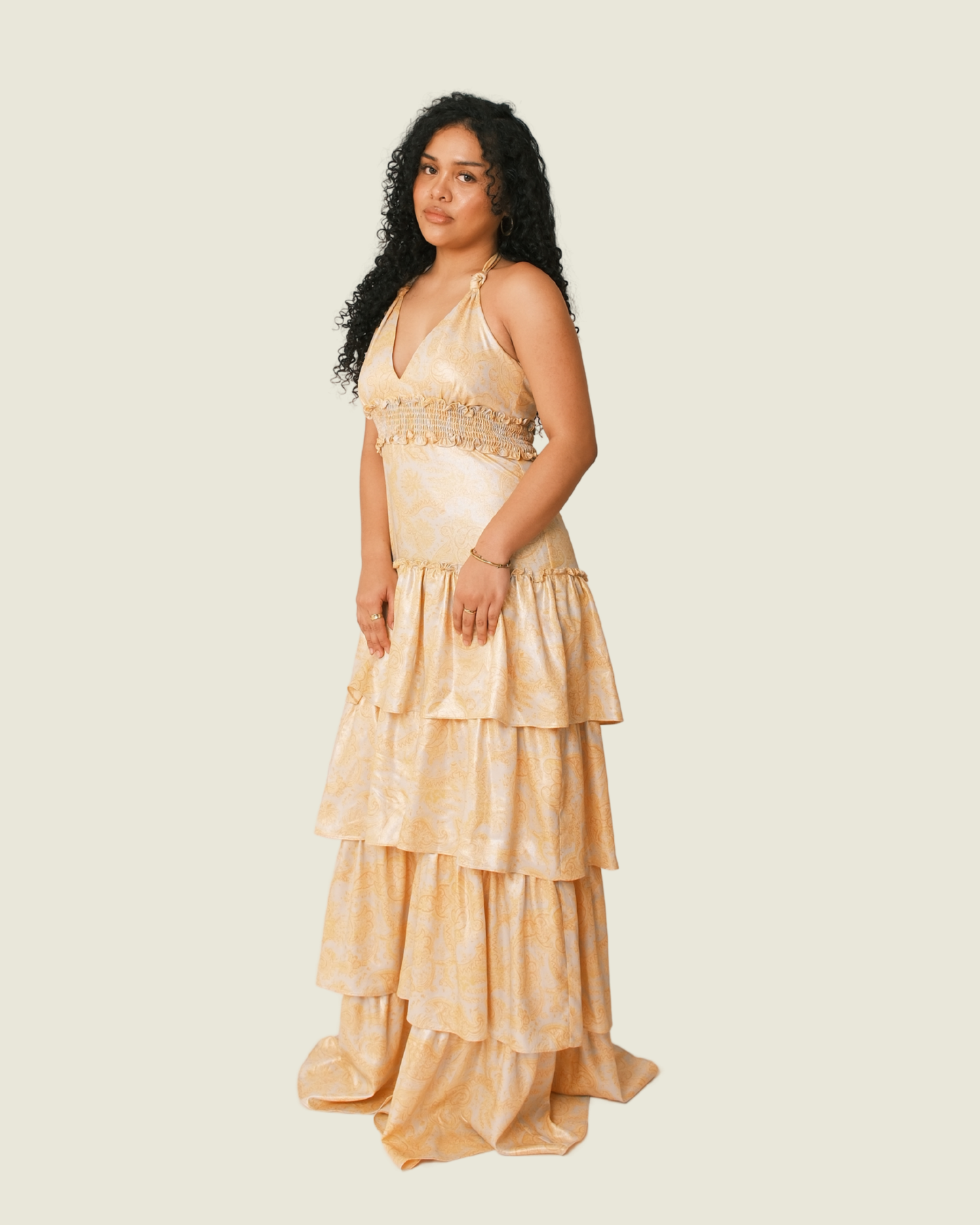 LIKELY Orange Floral Metallic Ruffle Dress