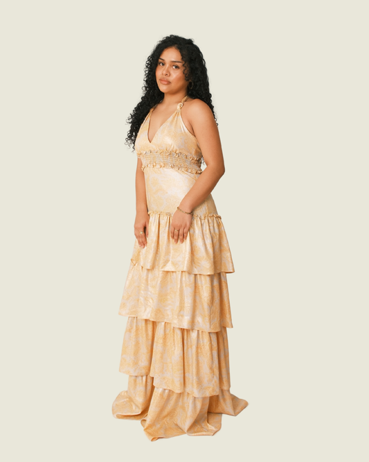 LIKELY Orange Floral Metallic Ruffle Dress