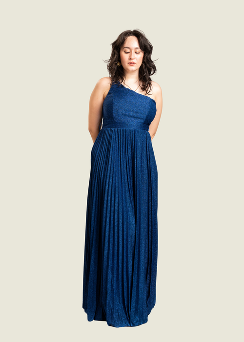 Maniju Navy One Shoulder Pleated Gown hover image