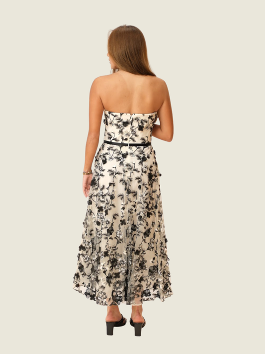 Marschessa Notta White Midi Dress with Black Floral details