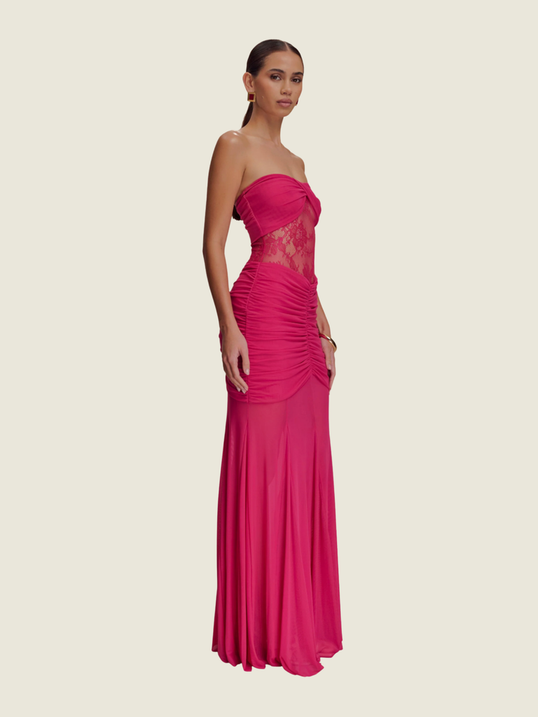Meshki Khadijah Lace and Mesh Maxi Dress in Dragonfruit
