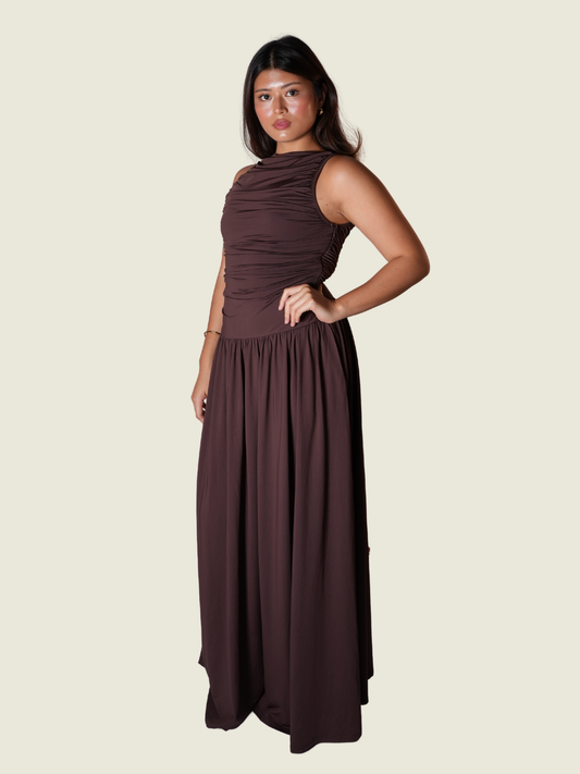 Nia The Label Brown Sleeveless Ruched Maxi
