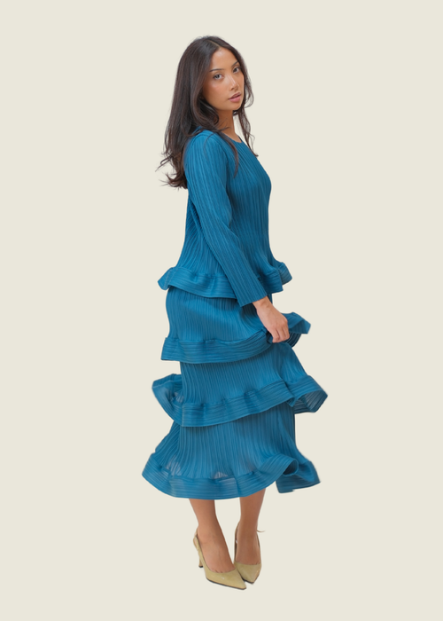 Custom Teal Ruffle Dress with Sleeves hover image