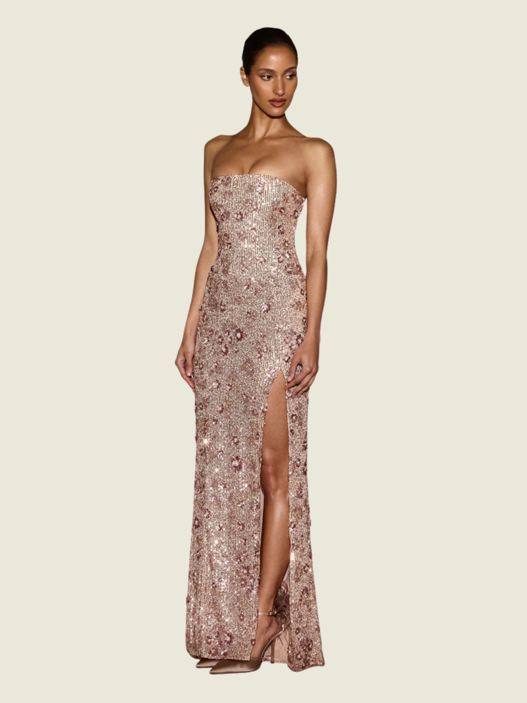 Oh Polly Embellished Bandeau-Neck Strapless Gown