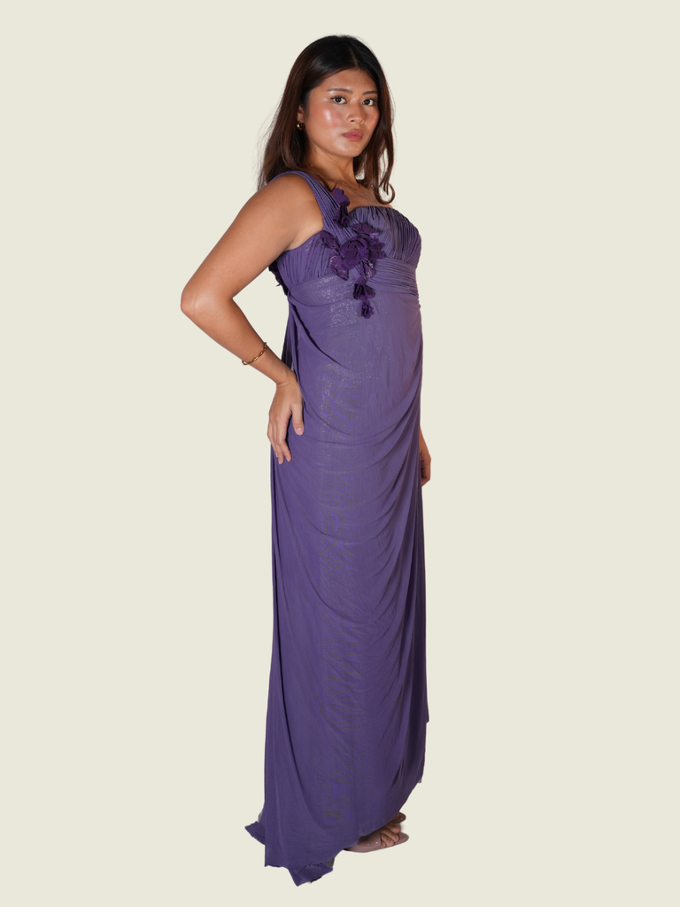 Randy Ortiz Purple Asymmetrical To The Right with Drape and Flower Detail