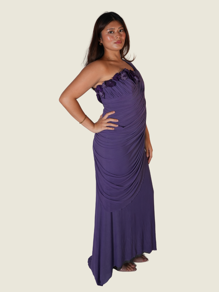 Randy Ortiz Asymmetrical with Drape and Flower Detail in Purple