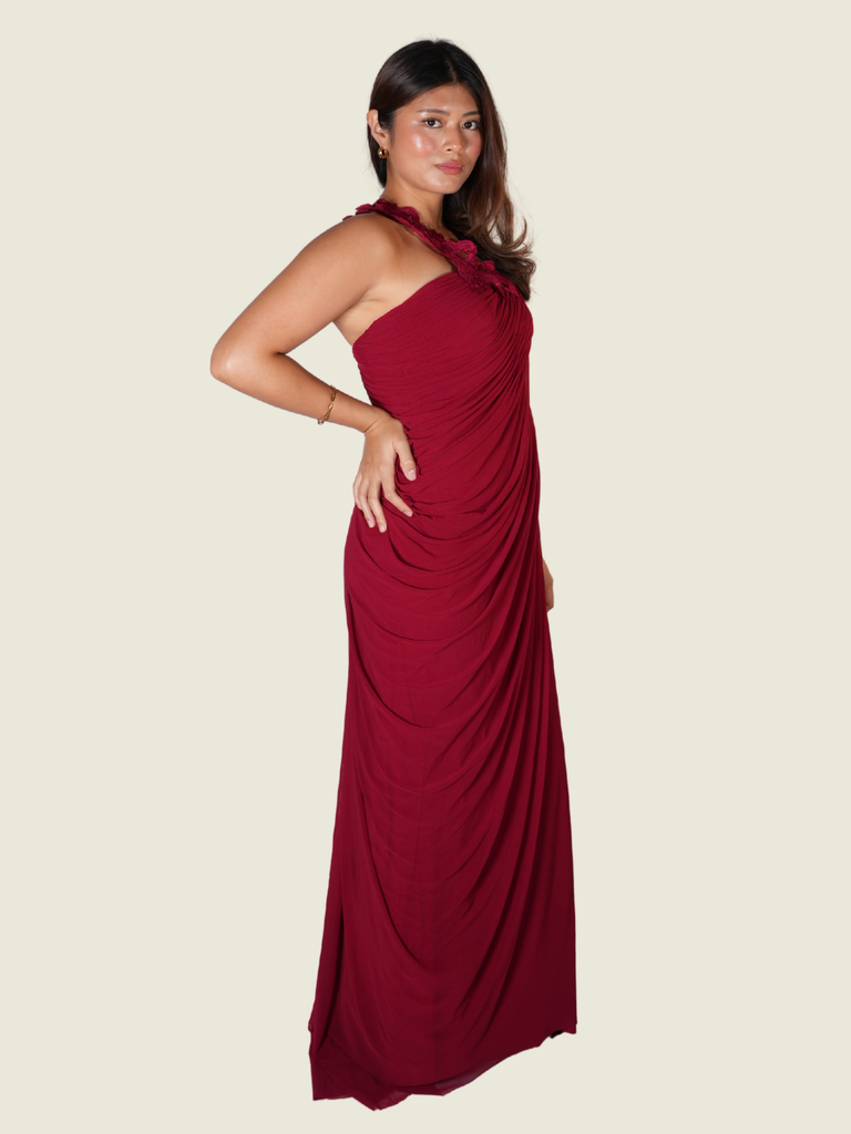 Randy Ortiz Asymmetrical with Drape and Flower Detail in Red