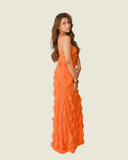 STAUD Orange Maxi Ruffle Dress