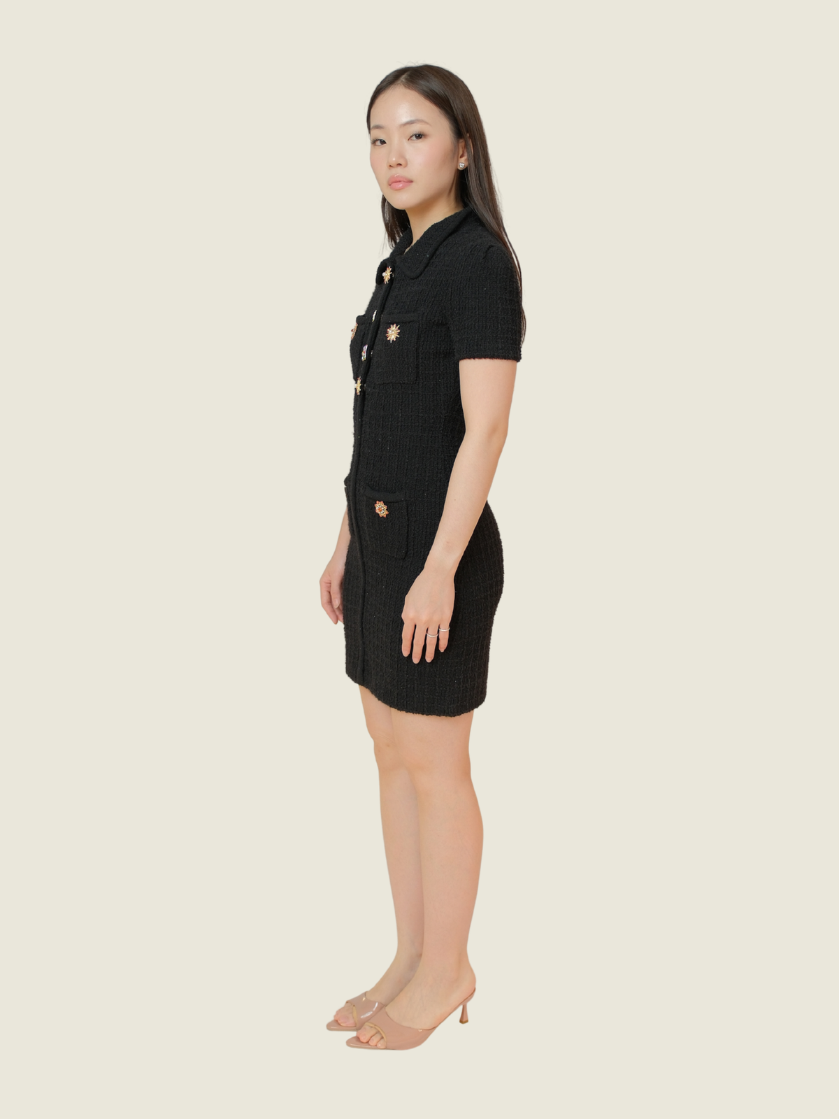 Self-Portrait Jewel Button Knit Mini Dress in Black