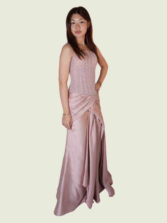 Weareasy Blush Strapless Embellished Evening Gown with Slit