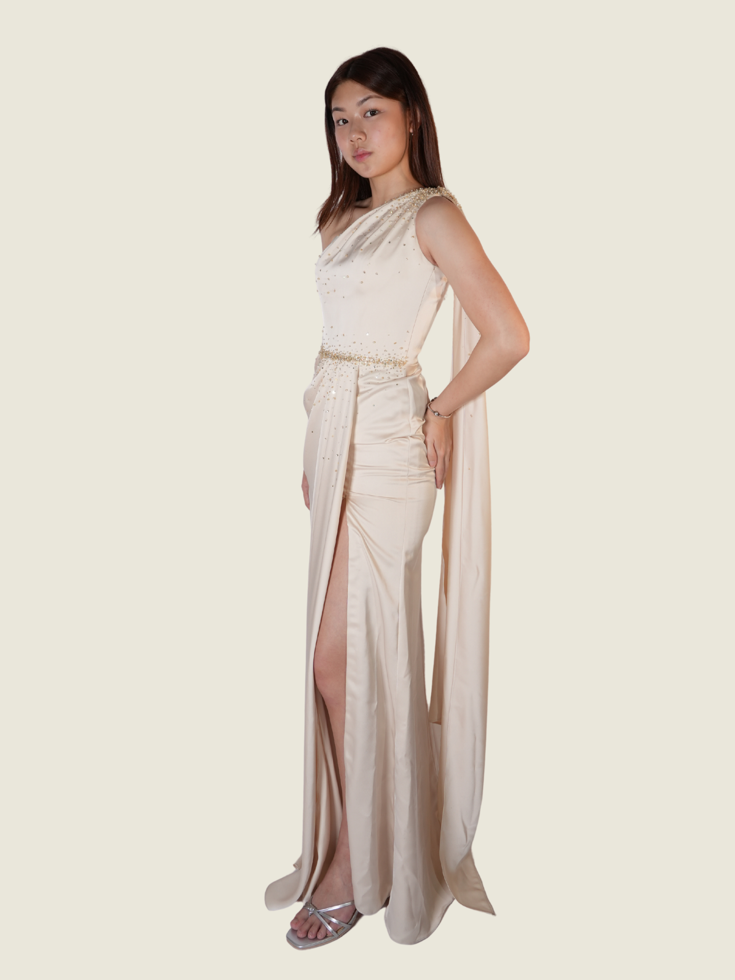 Weareasy Ivory One-Shoulder Draped Evening Gown XS