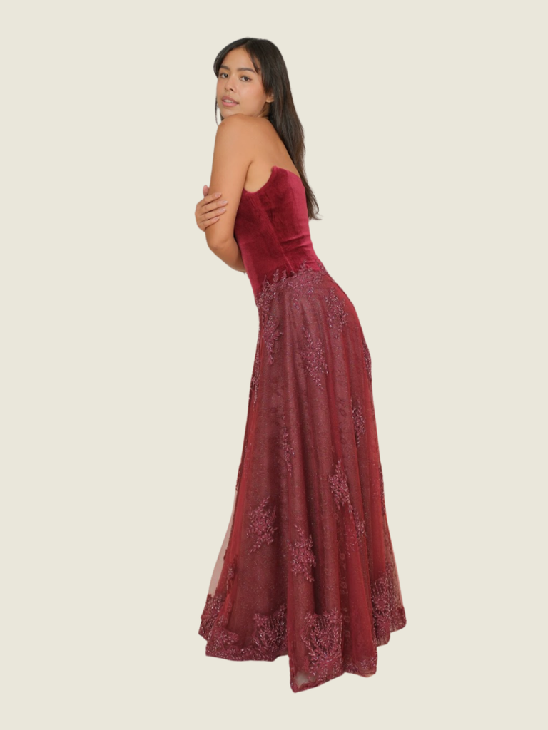 Zia Wycoco Sangria Slanted Drop Waist Maxi