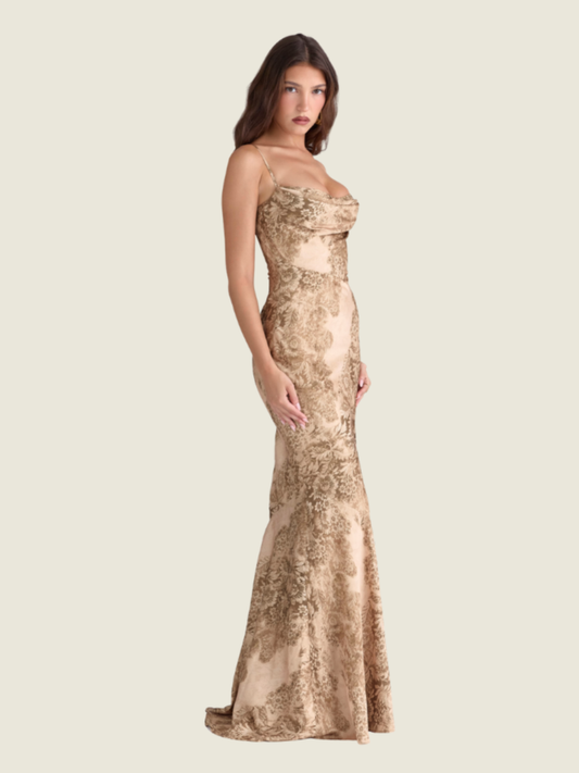 House of CB Gold Patterned Nalani Gold Patterned Satin Maxi Dress