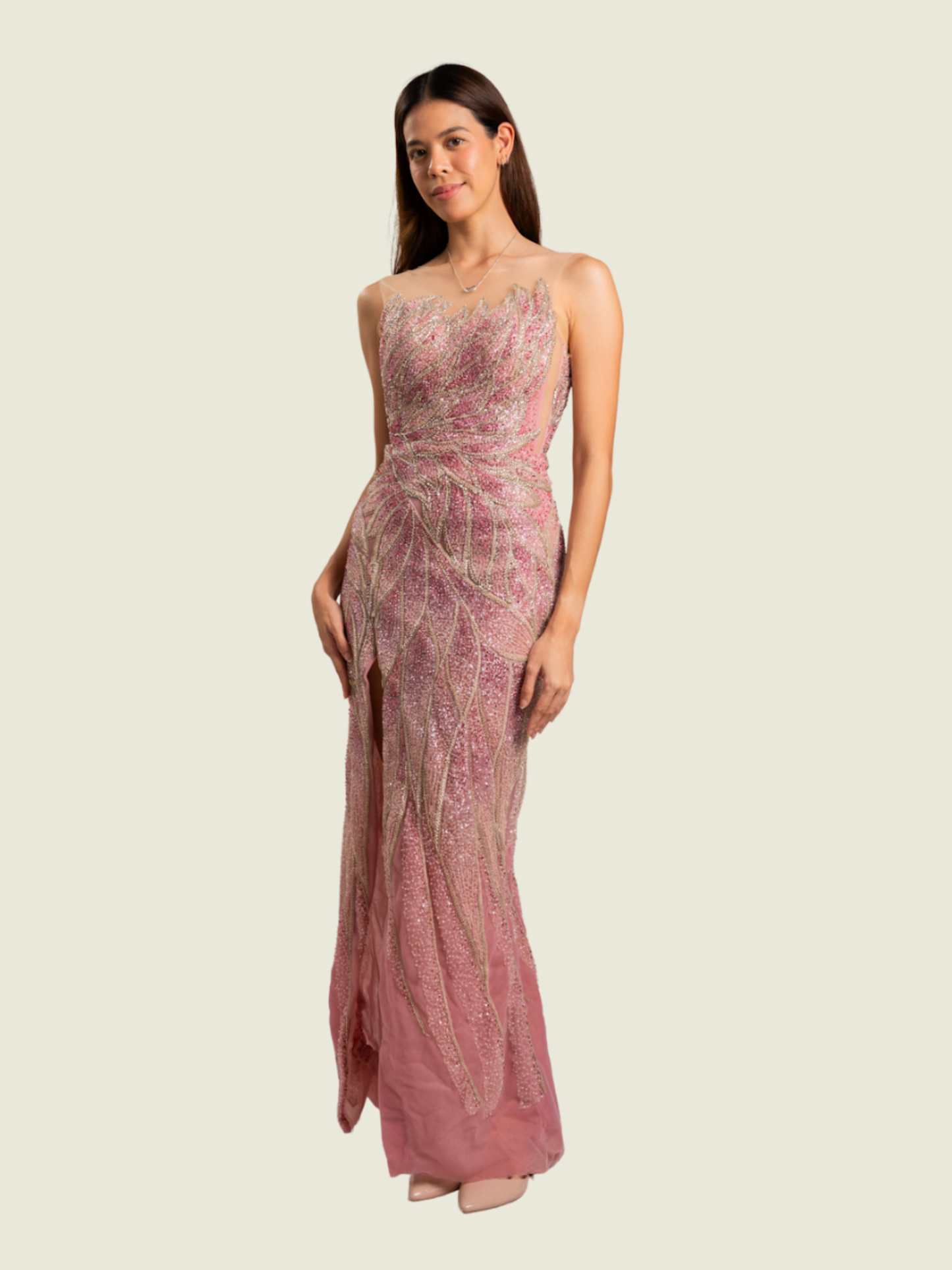 Weareasy Pink Beaded Tinghun Long Gown