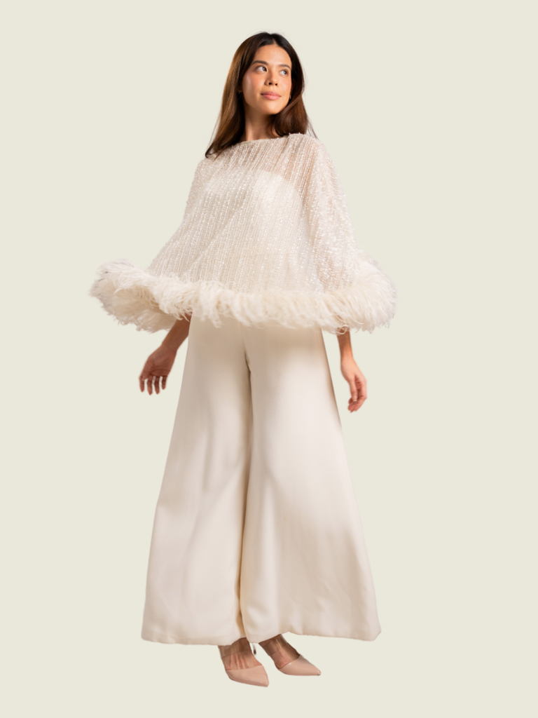 Patty Ang White Beaded Capelet with Feathers