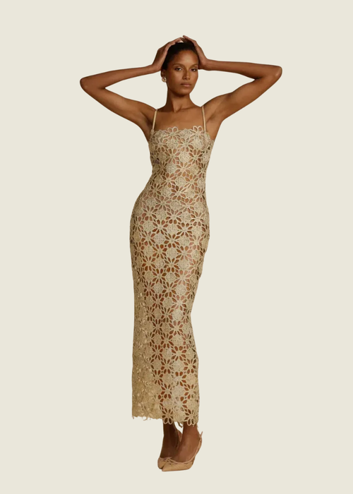 Arcina Ori Kendra Gold Lace Midi Dress
