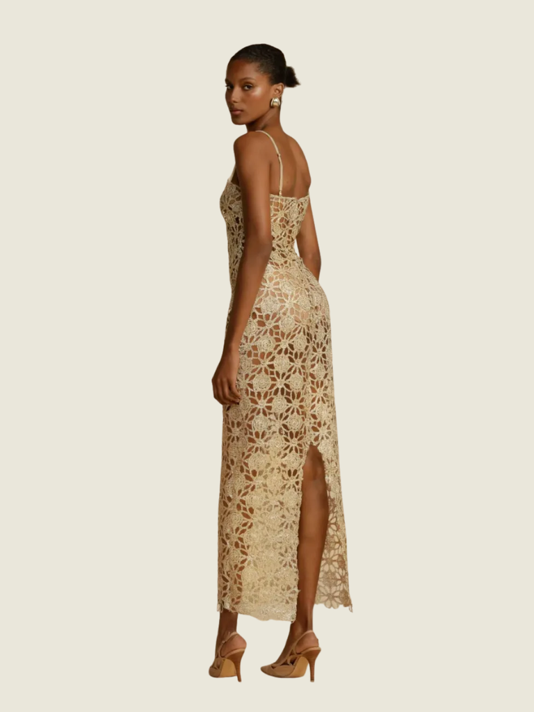Arcina Ori Kendra Gold Lace Midi Dress