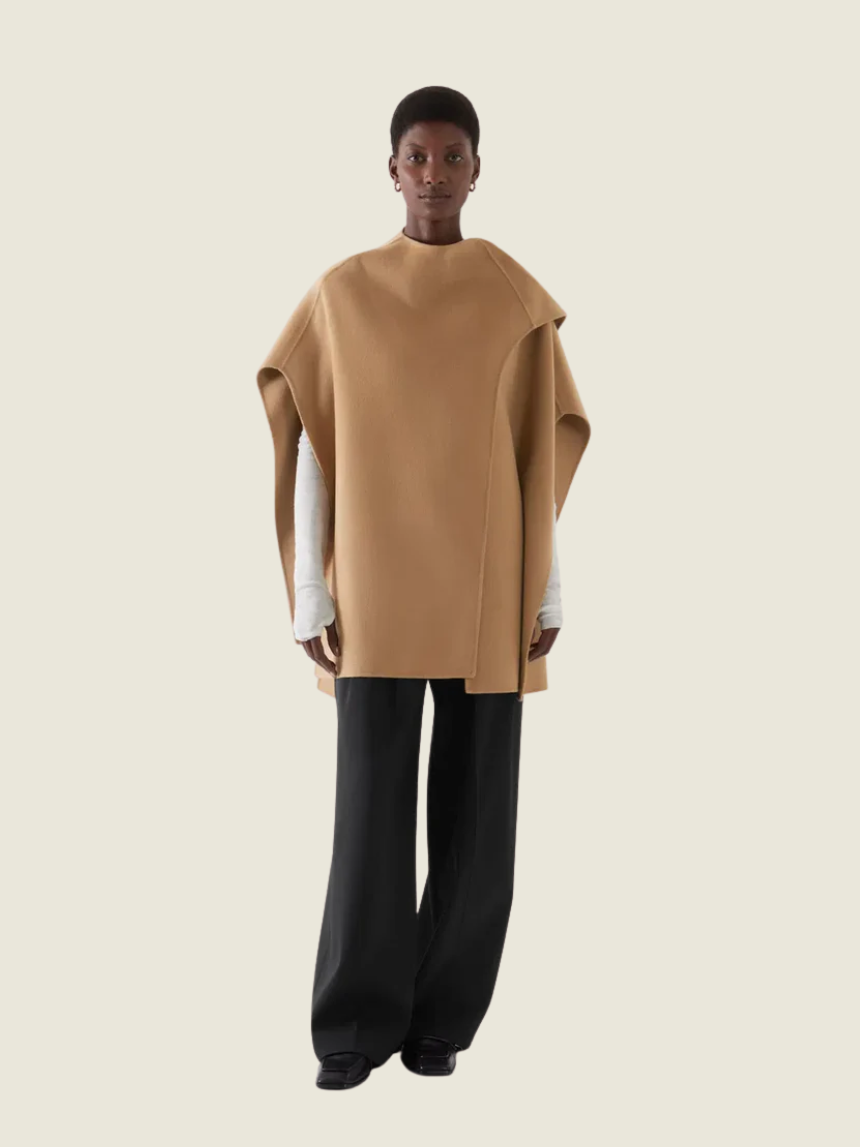 COS Double-Faced Merino Wool Scarf Cape in Camel Brown