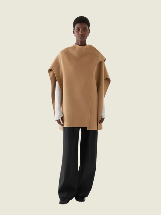 COS Double-Faced Merino Wool Scarf Cape in Camel Brown