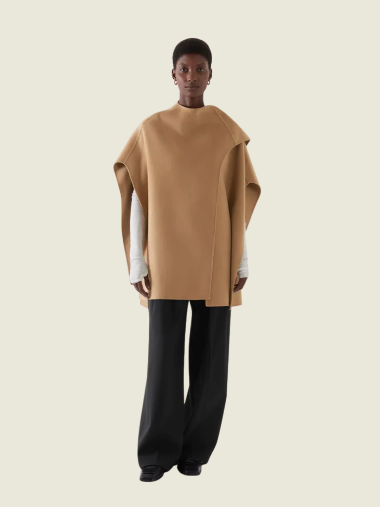 COS Double-Faced Merino Wool Scarf Cape in Camel Brown