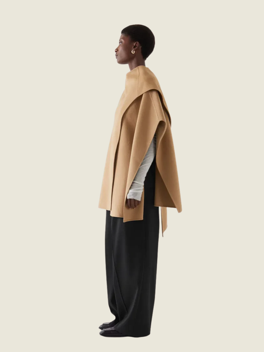 COS Double-Faced Merino Wool Scarf Cape in Camel Brown