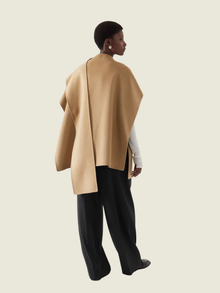 COS Double-Faced Merino Wool Scarf Cape in Camel Brown
