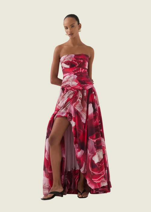 Aje Floral Bubble Hem Gown in Prismatic Floral Red Pink