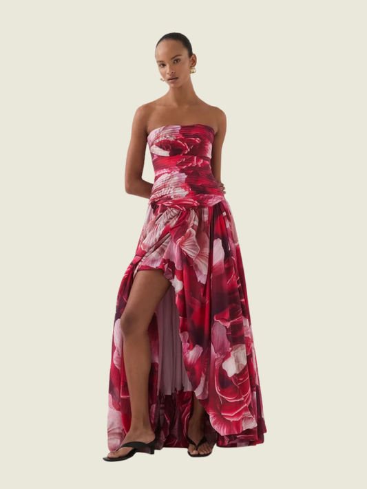 Aje Floral Bubble Hem Gown in Prismatic Floral Red Pink