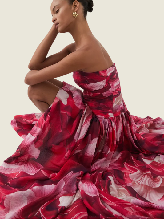 Aje Floral Bubble Hem Gown in Prismatic Floral Red Pink