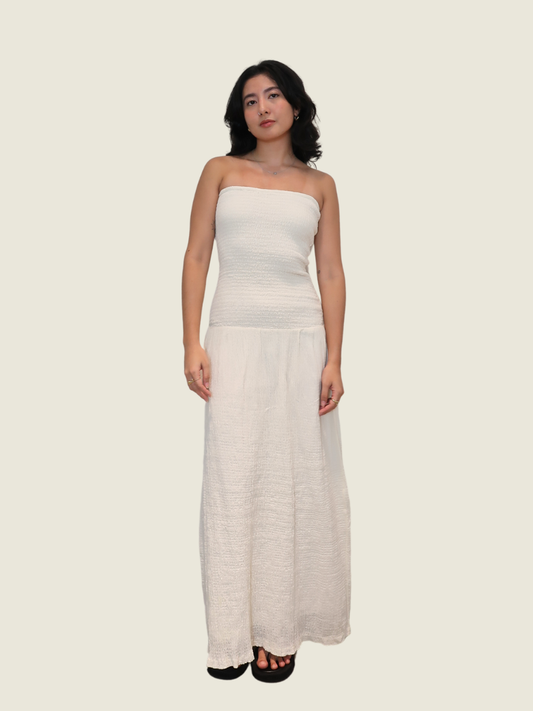 Zara White Linen Ruched Maxi