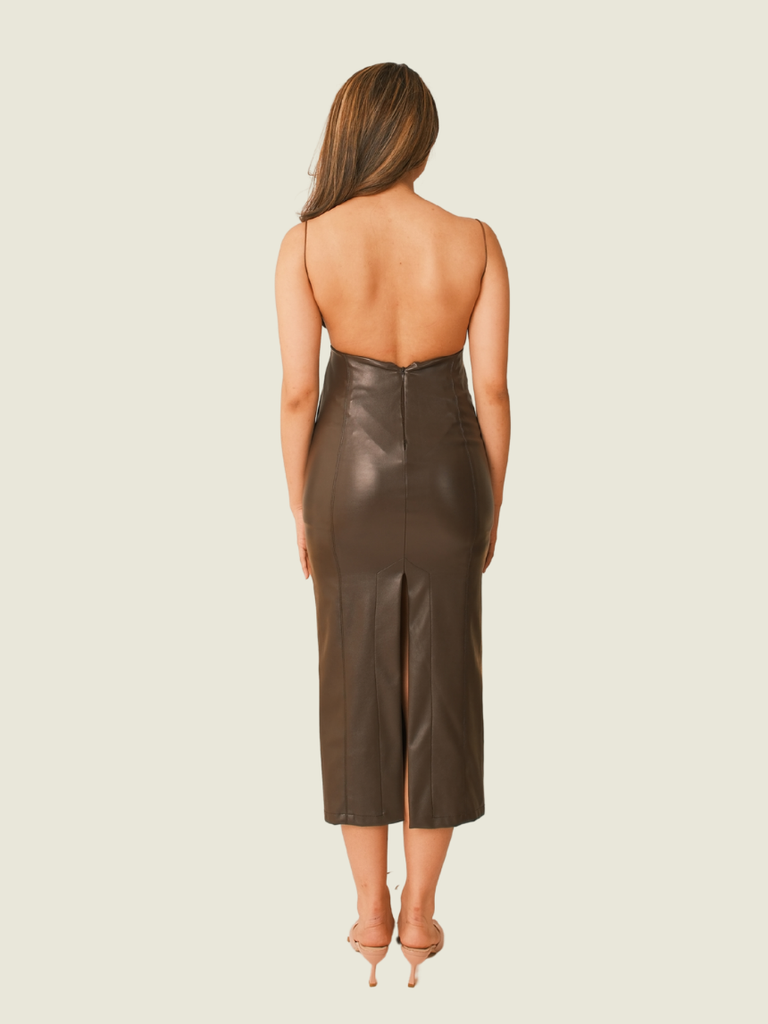 AIZEL Brown Leather Midi Dress