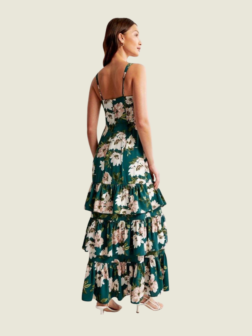 Abercrombie Women's Drama Green Floral Ruffle Tiered Maxi Dress