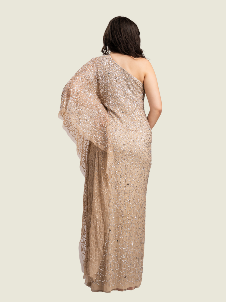 Adrianna Papell Gold Sequin One Shoulder Gown