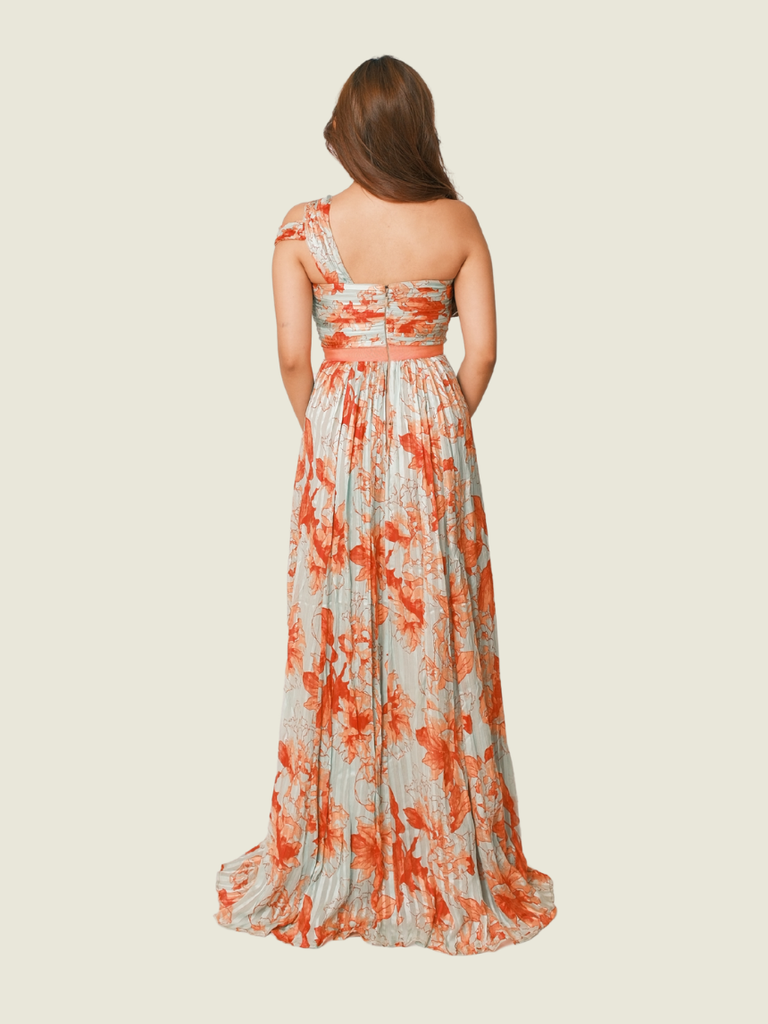 BCBG MAXAZRIA Inga Print Silk Chiffon Gown in Turquoise & Coral