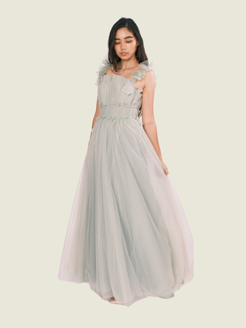 Custom Vee Tan Floral Sage Green Gown
