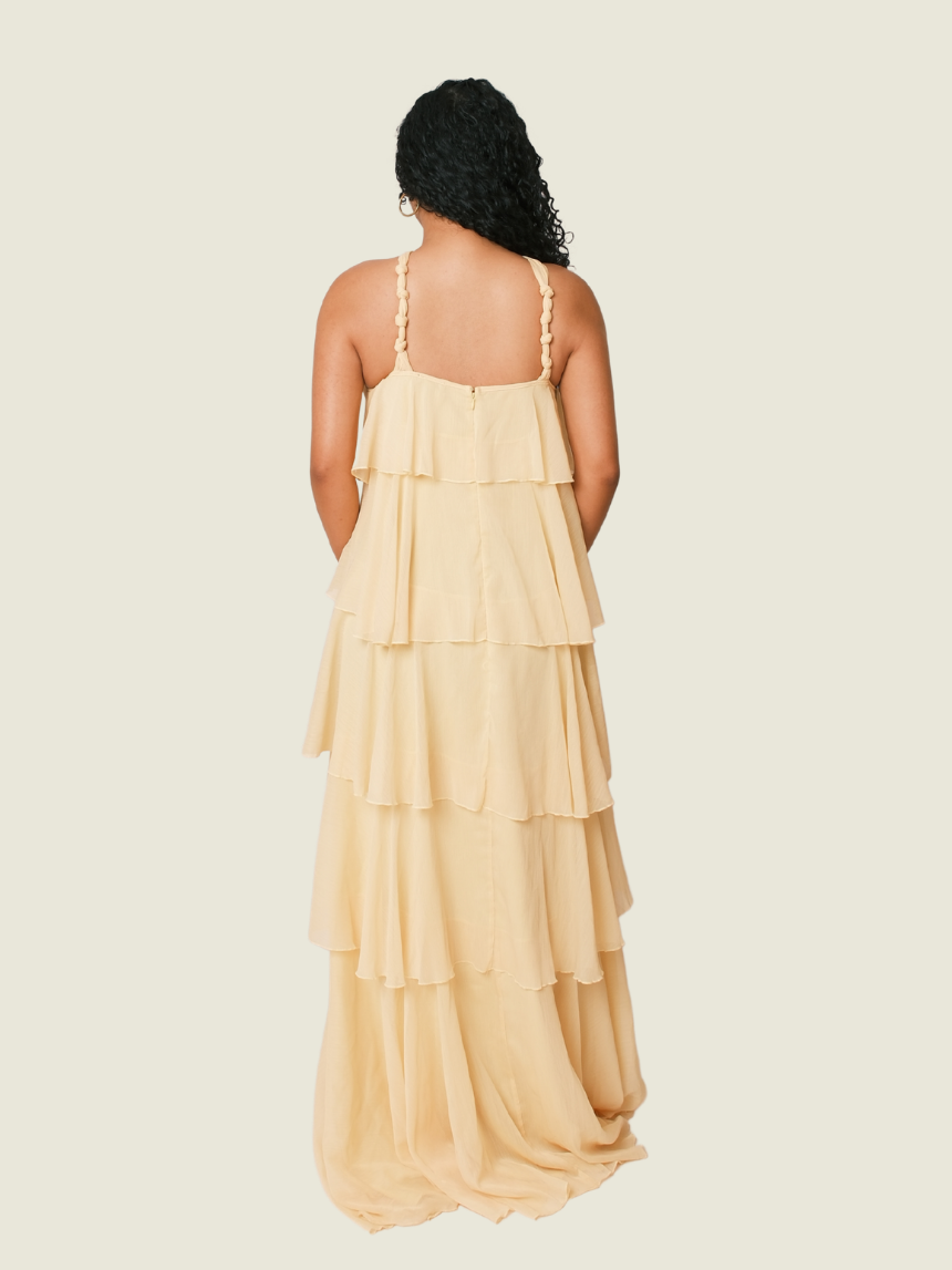 Sheila Haltered Tiered Gown in Butter Yellow
