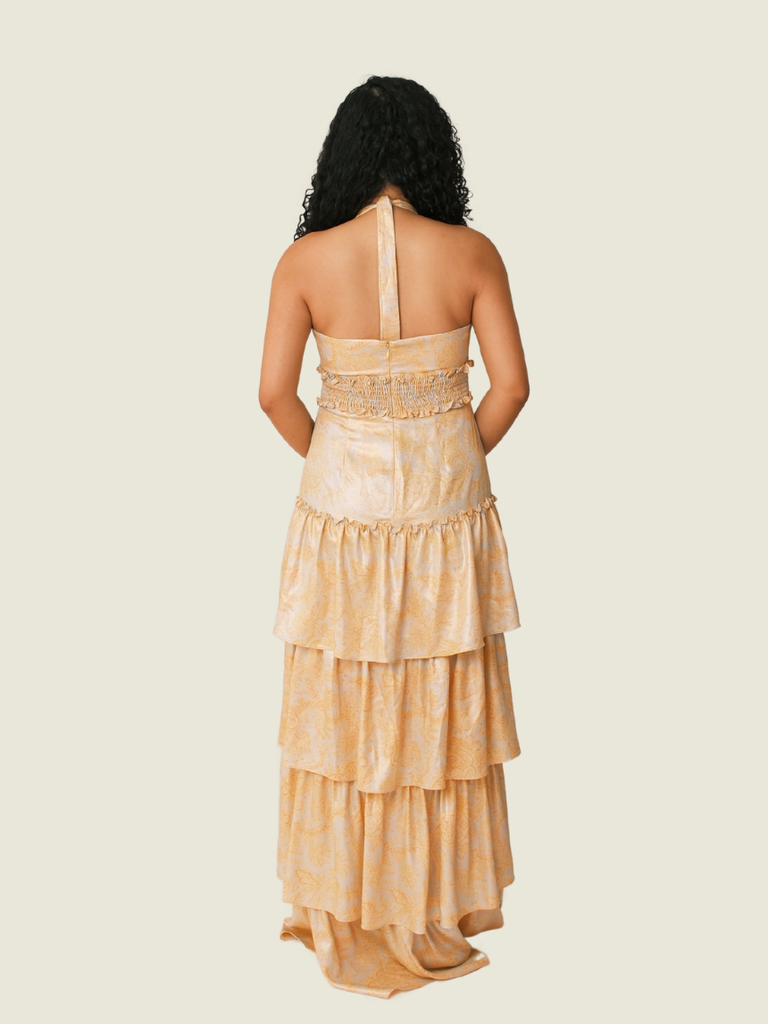 LIKELY Orange Floral Metallic Ruffle Dress