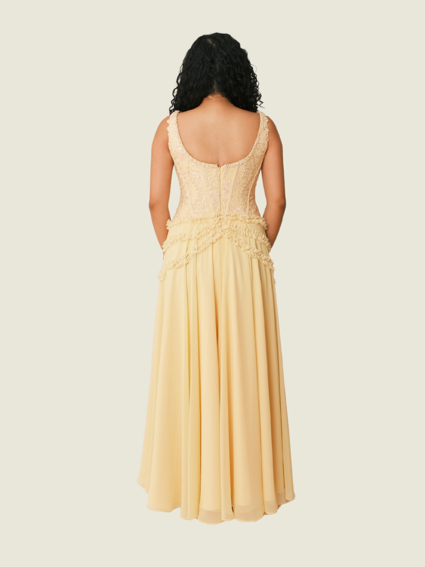 Mel Orlina Yellow Bespoke Lace Gown
