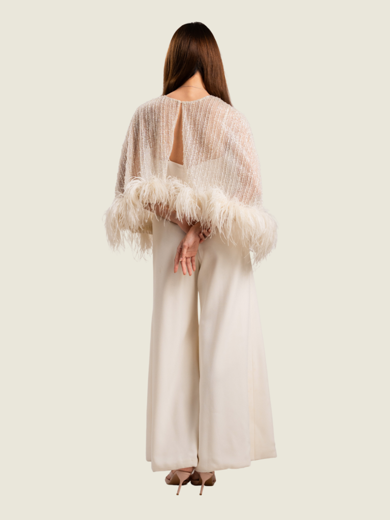 Patty Ang White Beaded Capelet with Feathers