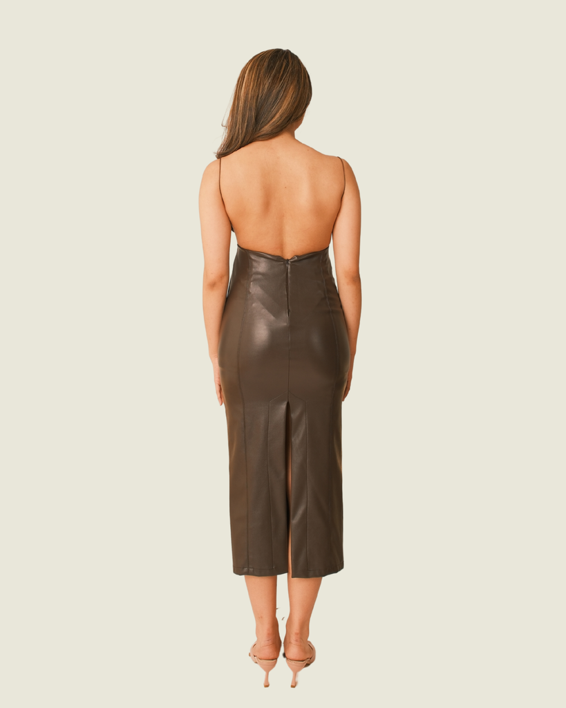 AIZEL Brown Leather Midi Dress