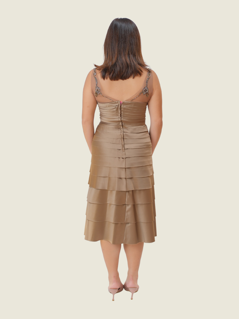 BCBG Maxazria, brown  pleated beaded details midi