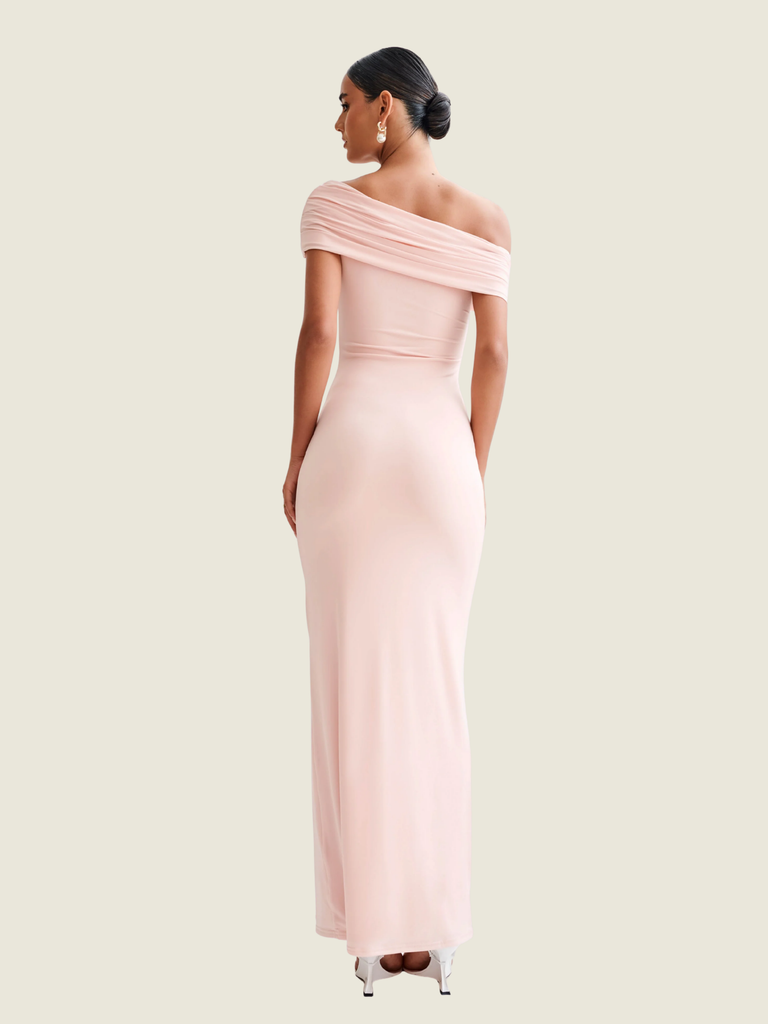 Cassandra Off the Shoulder Slinky Maxi Dress Light Pink in XS