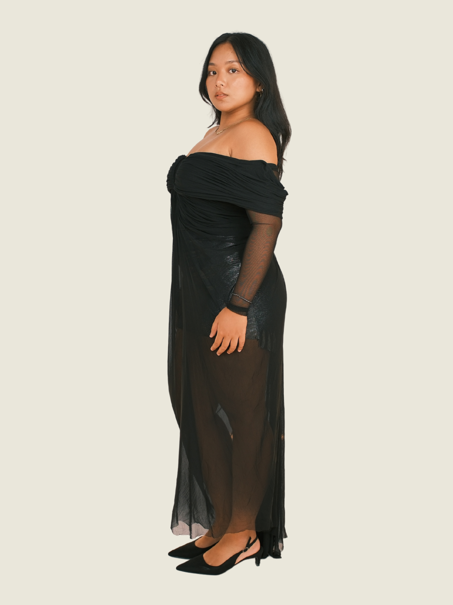 Charina Sarte Black Off-Shoulder with Mesh Sleeves (M-L)