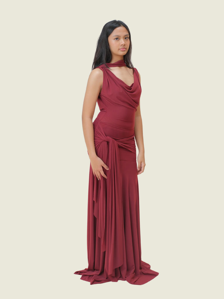 Cocosin Solene Drape Maxi Dress Maroon