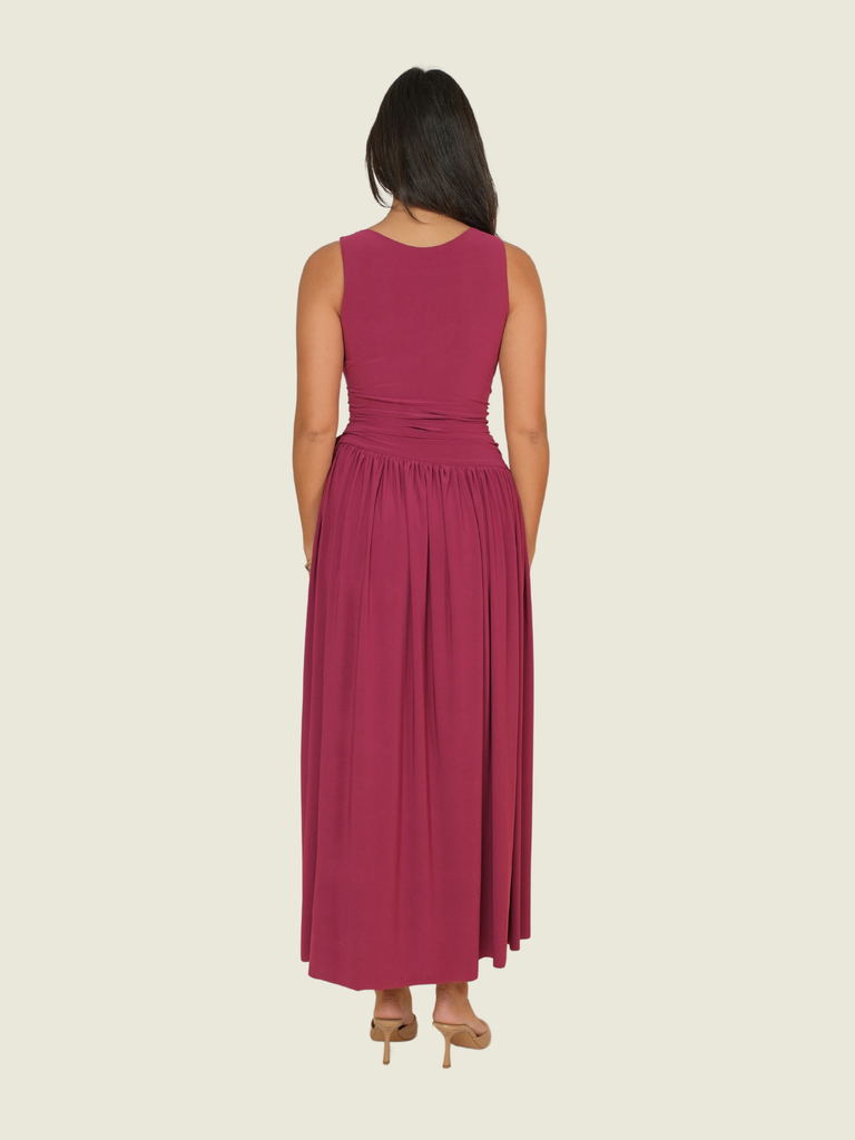 Custom Ruched Asymmetric Waist Gown in Plum