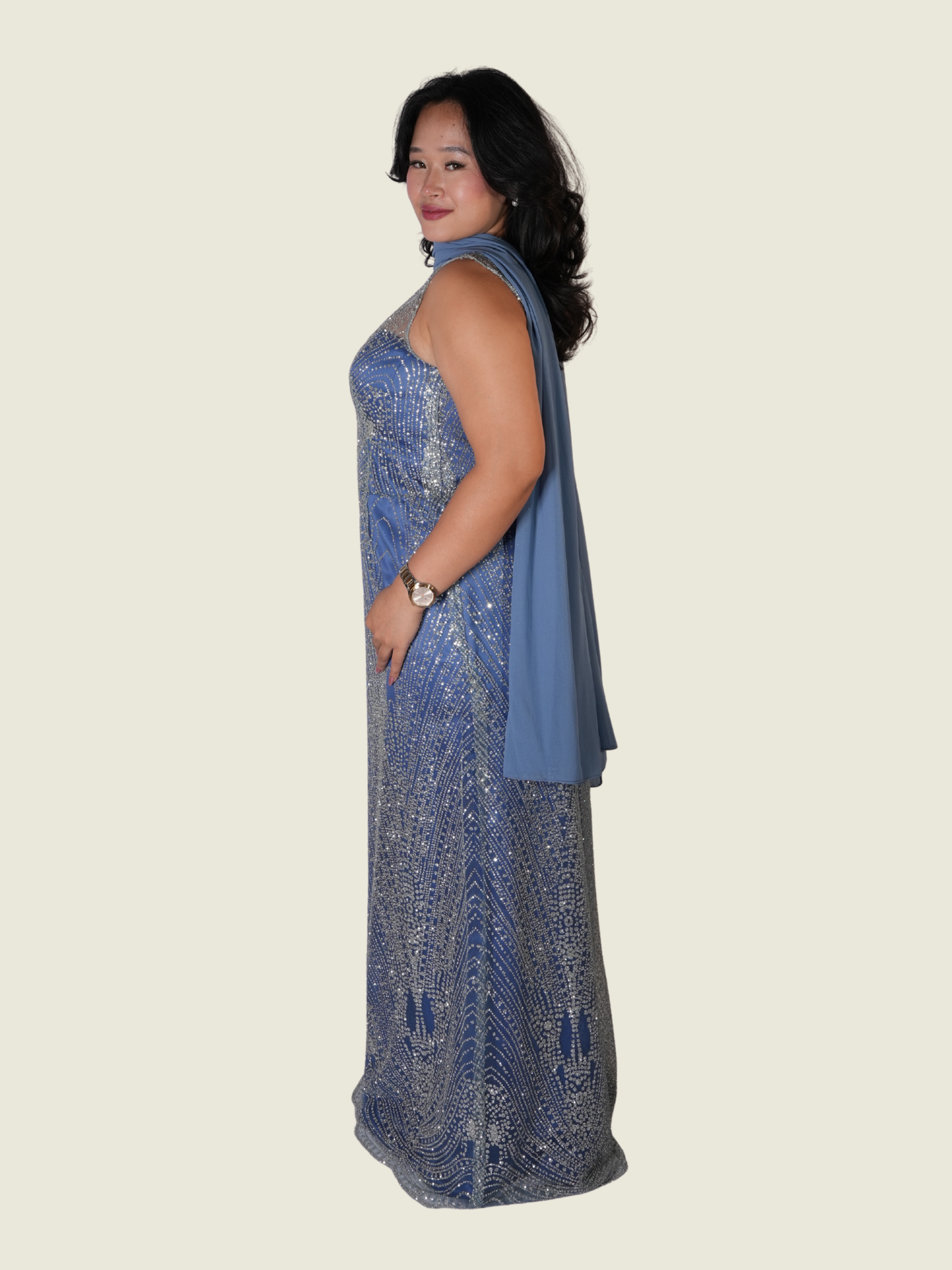 Debbie Co Blue Beaded Gown with Scarf (M)